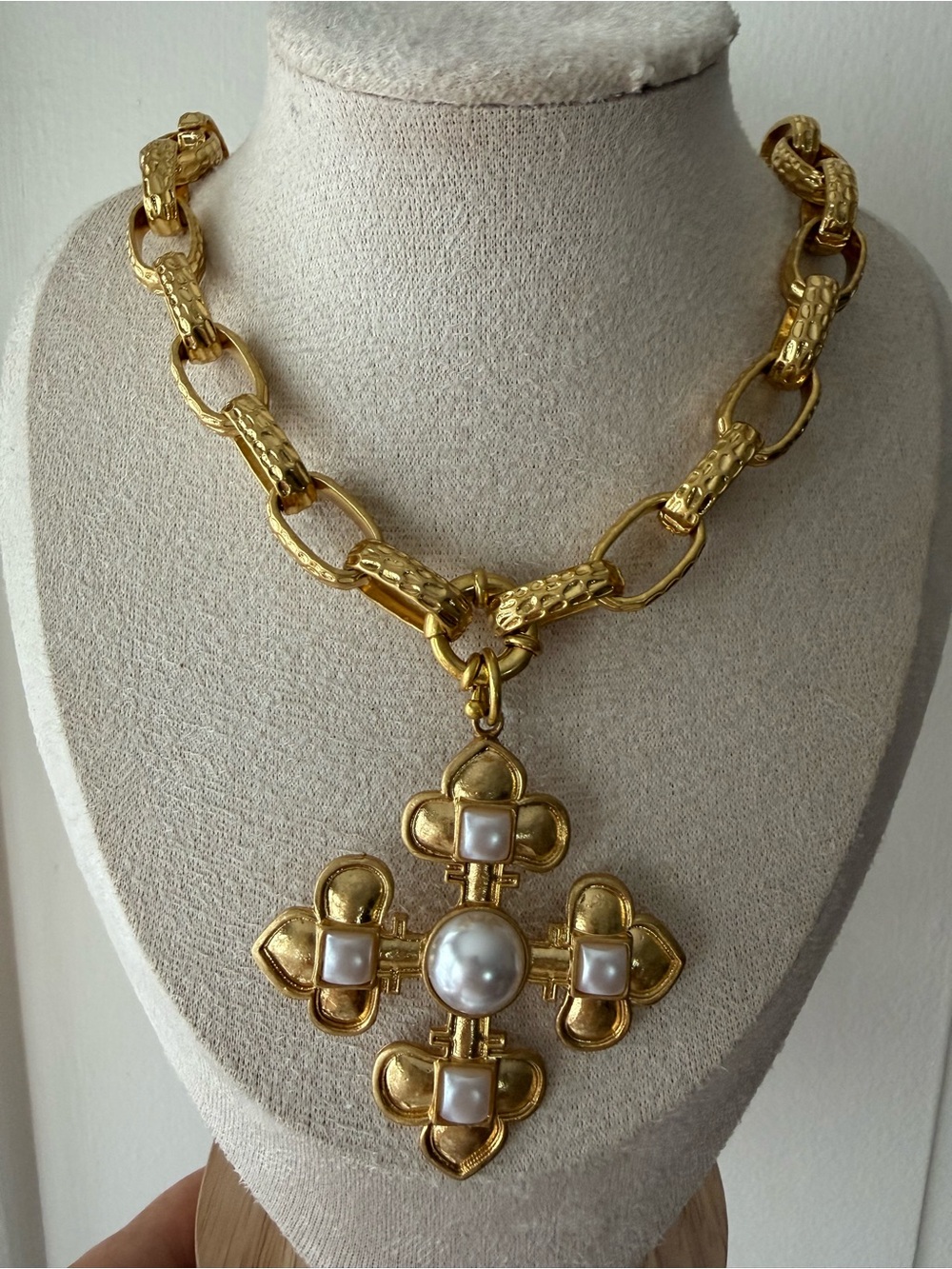 Heavy Vintage Gold Plated Pearl Cross Pendant Necklace - Women Jewelry
